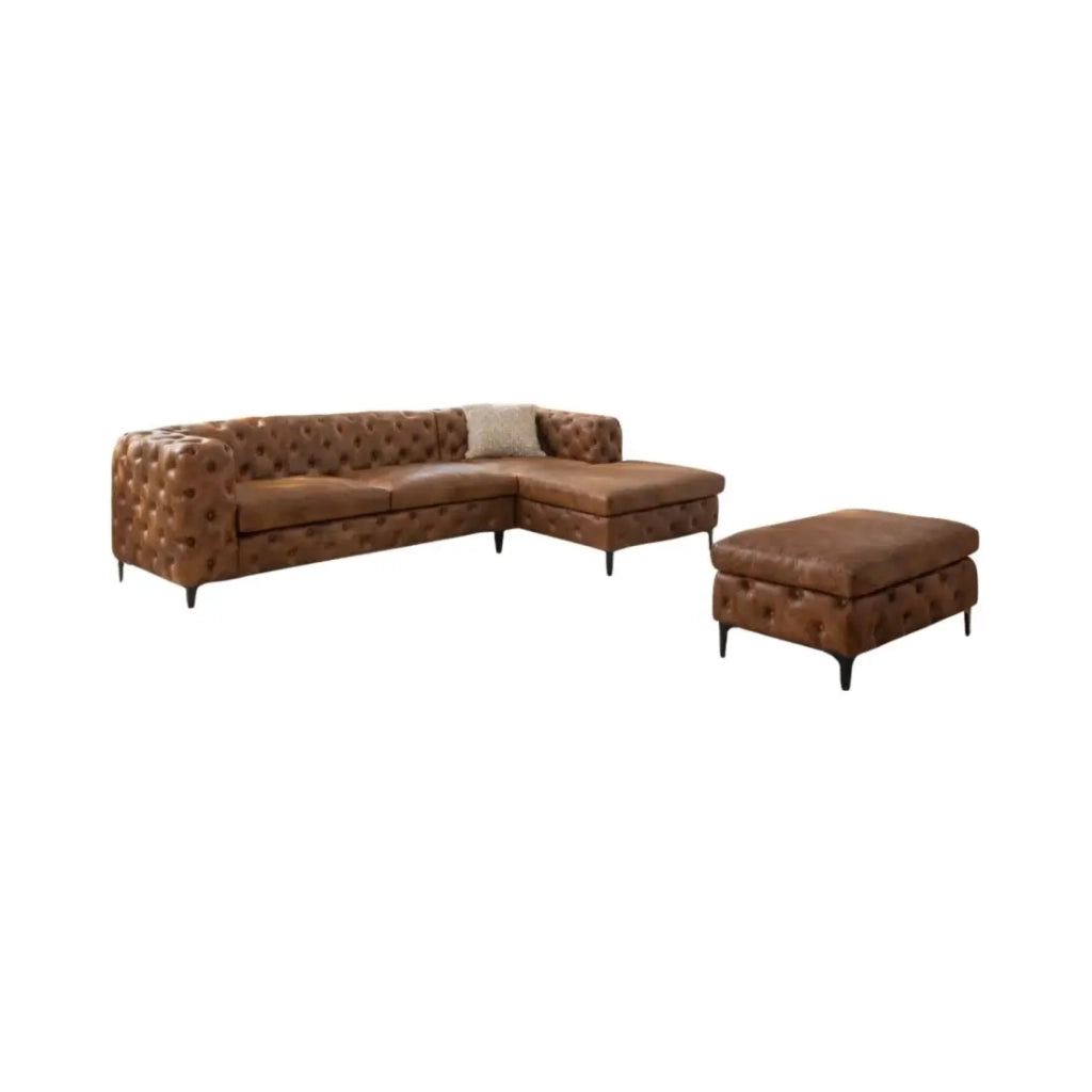 Divano ad angolo VELENA marrone con pouf – Divano barocco in microfibra con struttura in legno massiccio