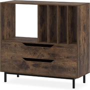 Supporto per giradischi, in vinile con scomparti aperti, 4 divisori, gambe in metallo e cassetto, supporto per dischi in legno, per sala musica e soggiorno (marrone)