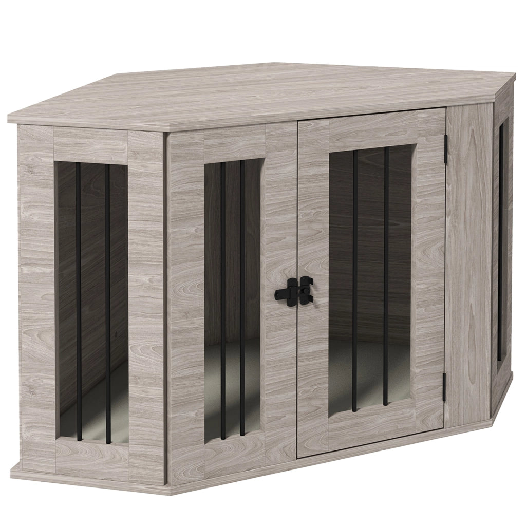 Gabbia per cani con cuscino e chiavistello tre lati con sbarre in acciaio in compensato color noce 104 × 55 × 63 cm