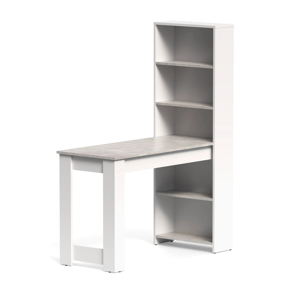 Scrivania Compatta Mojo02 con Libreria Integrata Bianca e Piano Effetto Cemento