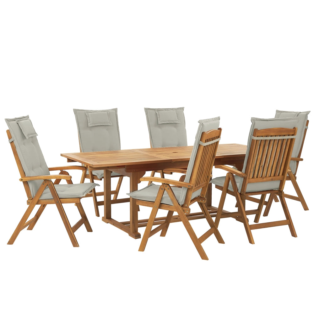 Set da pranzo da giardino in legno di acacia con cuscini color tortora 6 posti sedie pieghevoli regolabili per esterni in stile country