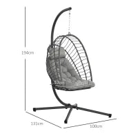 Poltrona Sospesa in Rattan PE con Cuscino, Seduta Pieghevole e Struttura in Acciaio, Grigio