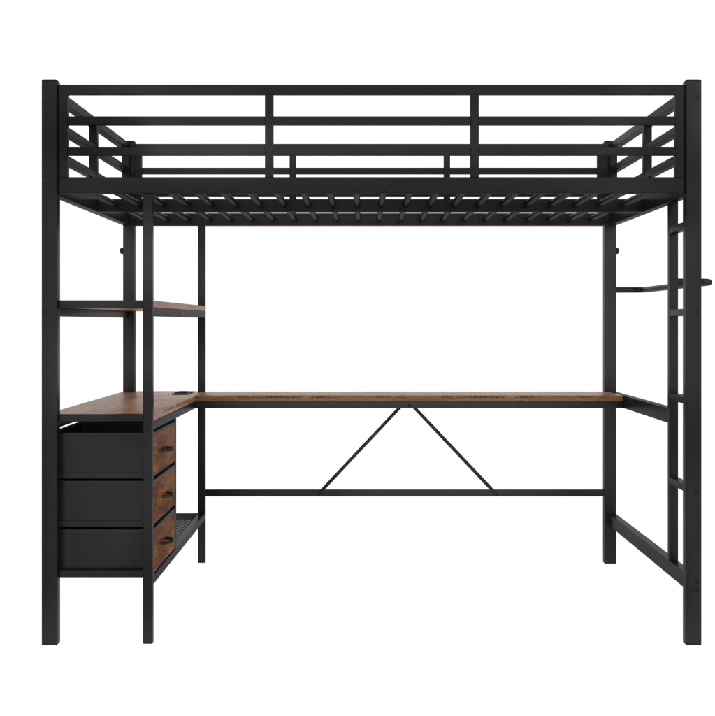 Letto a soppalco 140x200 cm; con scrivania e luci LED; metallo; nero (Senza materasso)