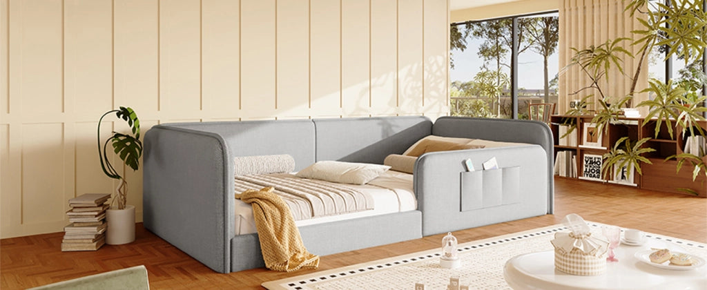 Letto singolo 90x200 in lino grigio con bordo di sicurezza e tasche laterali