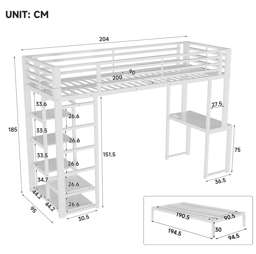 Letto a soppalco 90 x 200 cm con scrivania e scaffali bianco