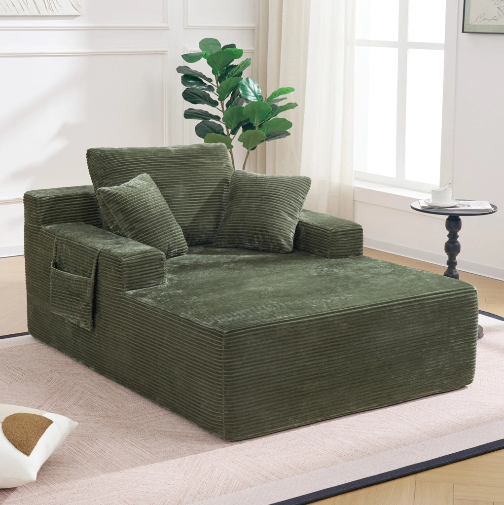 Divano letto compatto in corduroy verde con tasche laterali e cuscini; seduta con schiuma ad alta densit脿