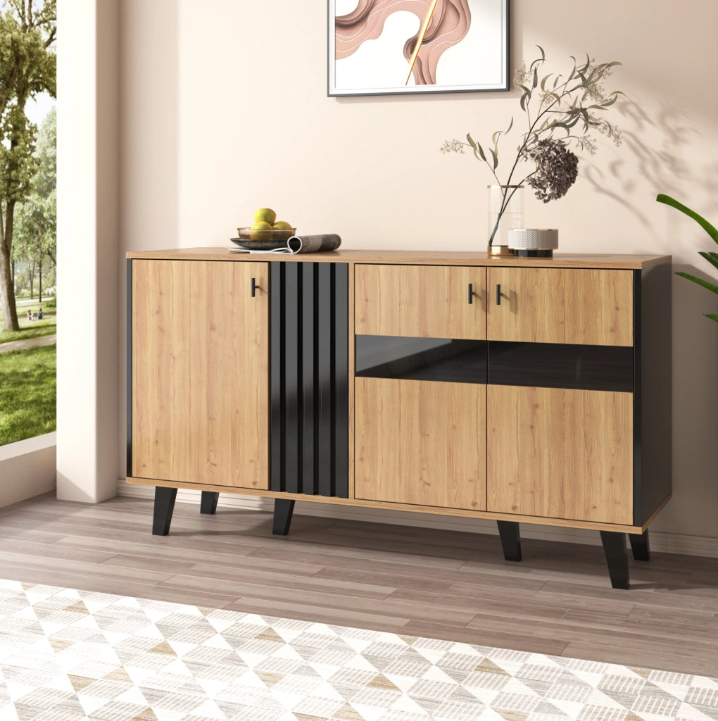 Credenza 140x78.5x41 cm con 3 ante; ripiani e LED; vetro e pannello truciolare