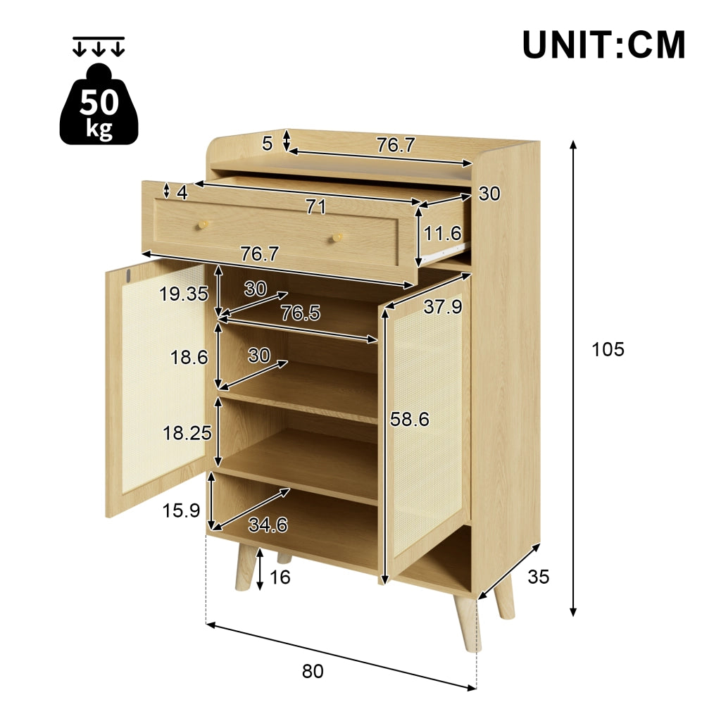 Scarpiera moderna con 2 ante, 1 cassetto e ripiani regolabili, 80 ¡Á 105 ¡Á 35 cm, Light Oak