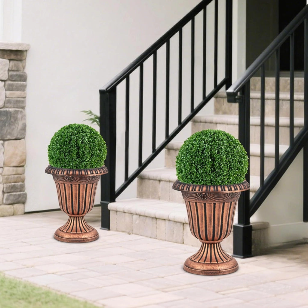 Set di 2 Vasi Alti, Vasi per Fiori in Plastica a Forma di Urna con Base a Piedistallo e Foro di Drenaggio, Contenitori Decorativi per Piante per Interni ed Esterni (Bronzo)