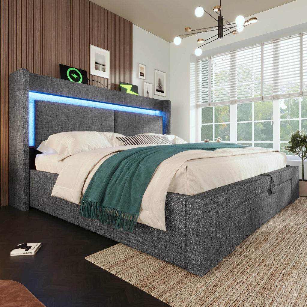 Letti contenitori 180x200 cm con contenitore idraulico; testiera con USB e USB-C; lino grigio (Senza materasso)