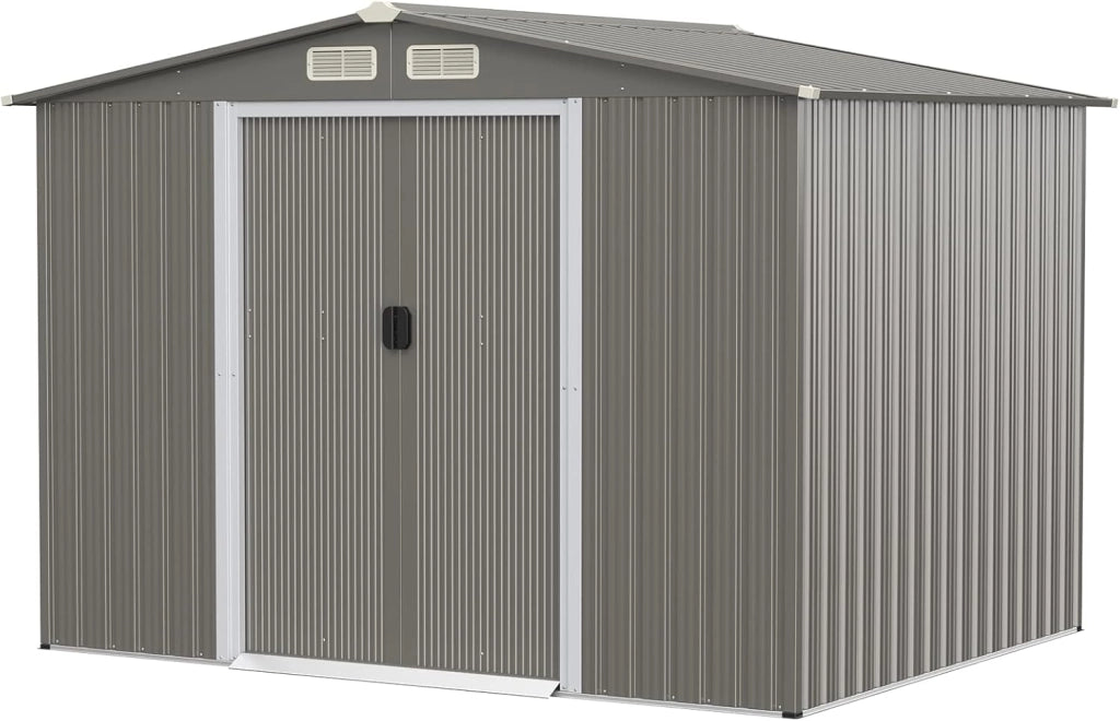 Casetta da Giardino 4,74㎡, Capanno da Esterno in Lamiera Acciaio Zincato Resistente alle Intemperie con 4 Feritoie, Doppie Porte e Rampa, 260 x 207 x 181 cm (Grigio chiaro)