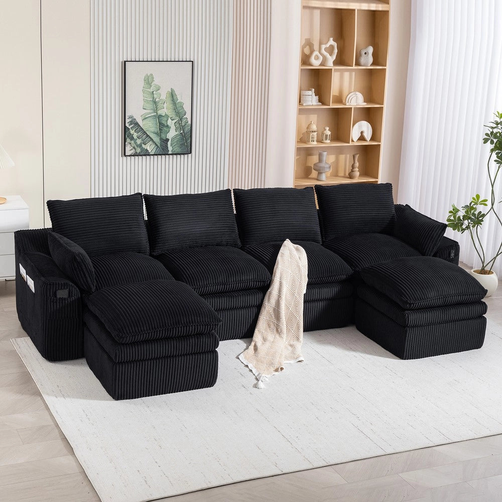 Divano Modulare 4 Posti con 2 Pouf ¨C Xylo ¨C Nero, Tessuto a Coste, Cuscini e Tasche Laterali
