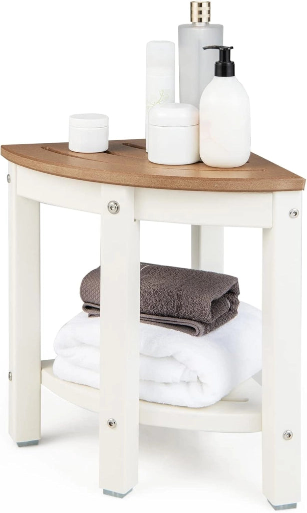 Sgabello Doccia, Sedia da Bagno Angolare in Polietilene con Ripiano, Sedile Multiuso a 2 Livelli per Uso Interno o Esterno, 32,5x32,5x43,5 cm, Capacità di Peso 150 kg (Marrone)