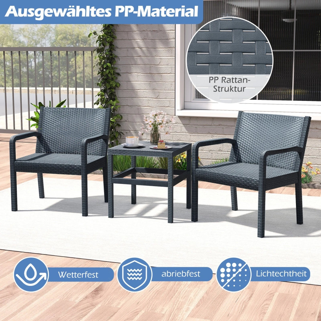 Set mobili da giardino 3 pezzi in resina effetto rattan, 2 sedie e tavolino per balcone e terrazza, grigio, resistente