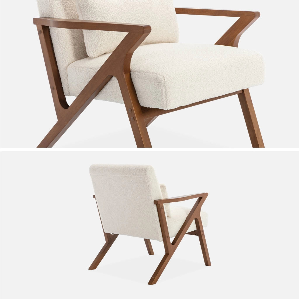 Poltrona scandinava in legno di hevea e bouclé, bianco