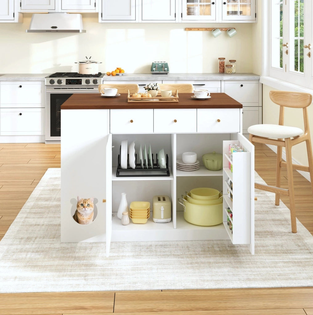 Isola da cucina 120x40x90 cm con piano estraibile e area per gatti in MDF bianco e noce
