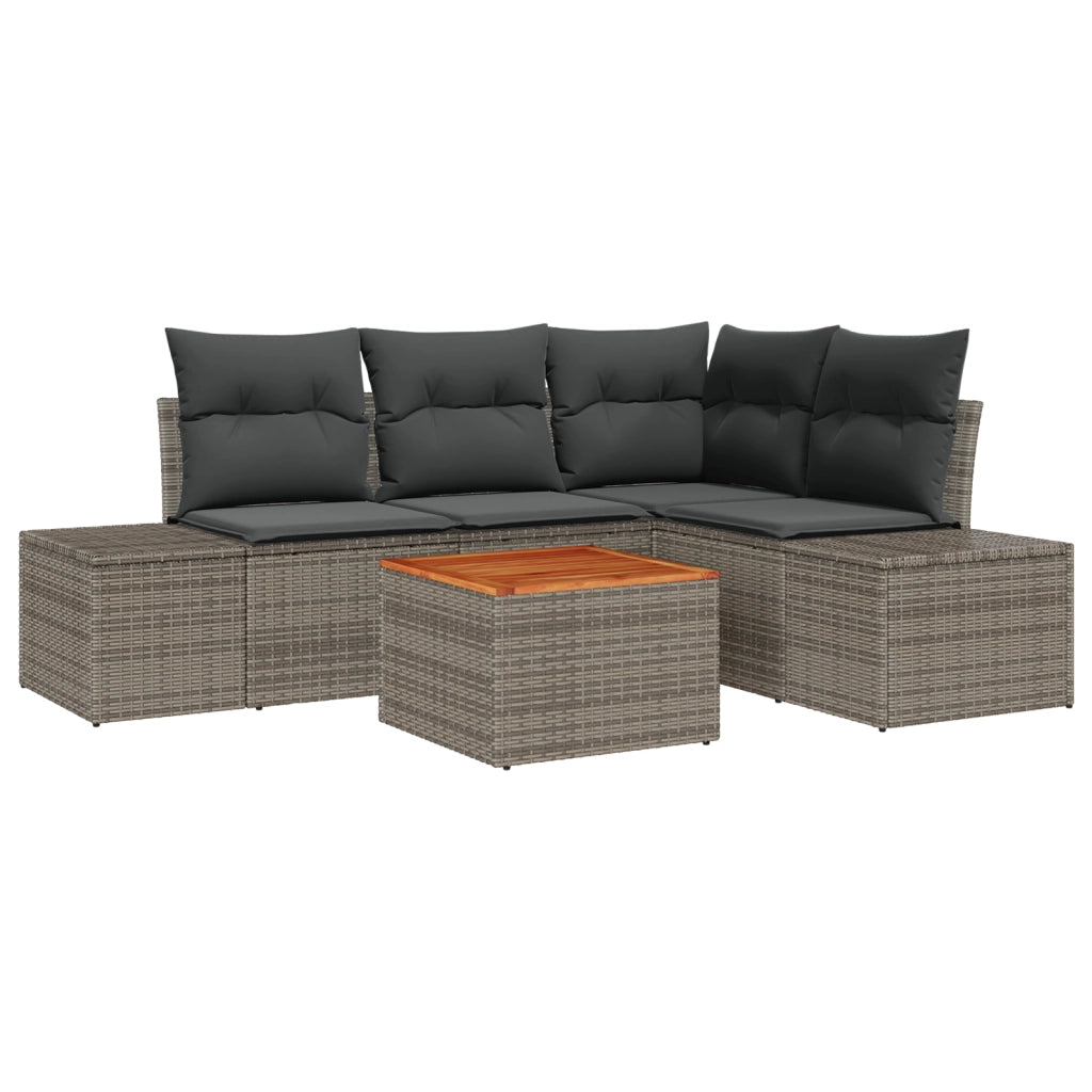Set Divano da Giardino 5 Pezzi con Cuscini Grigio Polyrattan Acacia
