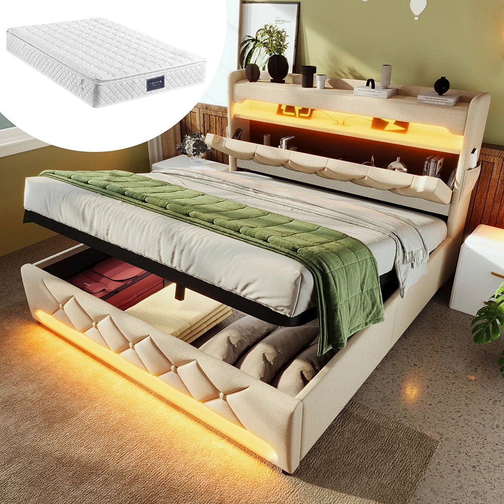 Letto matrimoniale-Xylo-140x200 cm-LED 360°, USB-C, idraulico, con materasso, beige