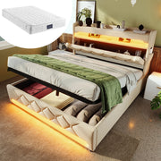 Letto matrimoniale-Xylo-140x200 cm-LED 360°, USB-C, idraulico, con materasso, beige