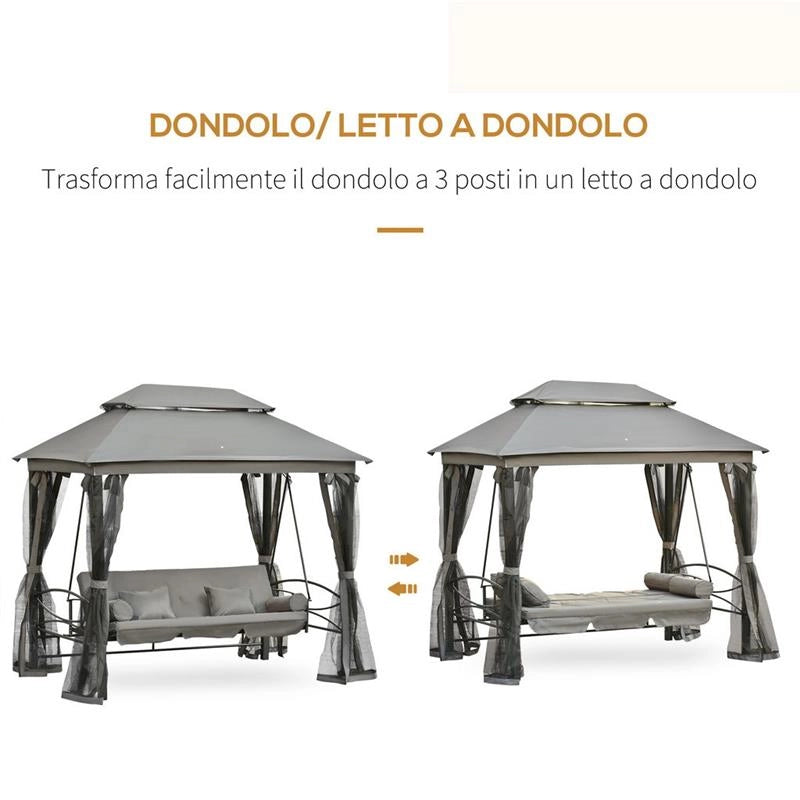 DONDOLO A GAZEBO RECLINABILE 3 POSTI CON ZANZARIERA E CUSCINI GRIGIO SCURO