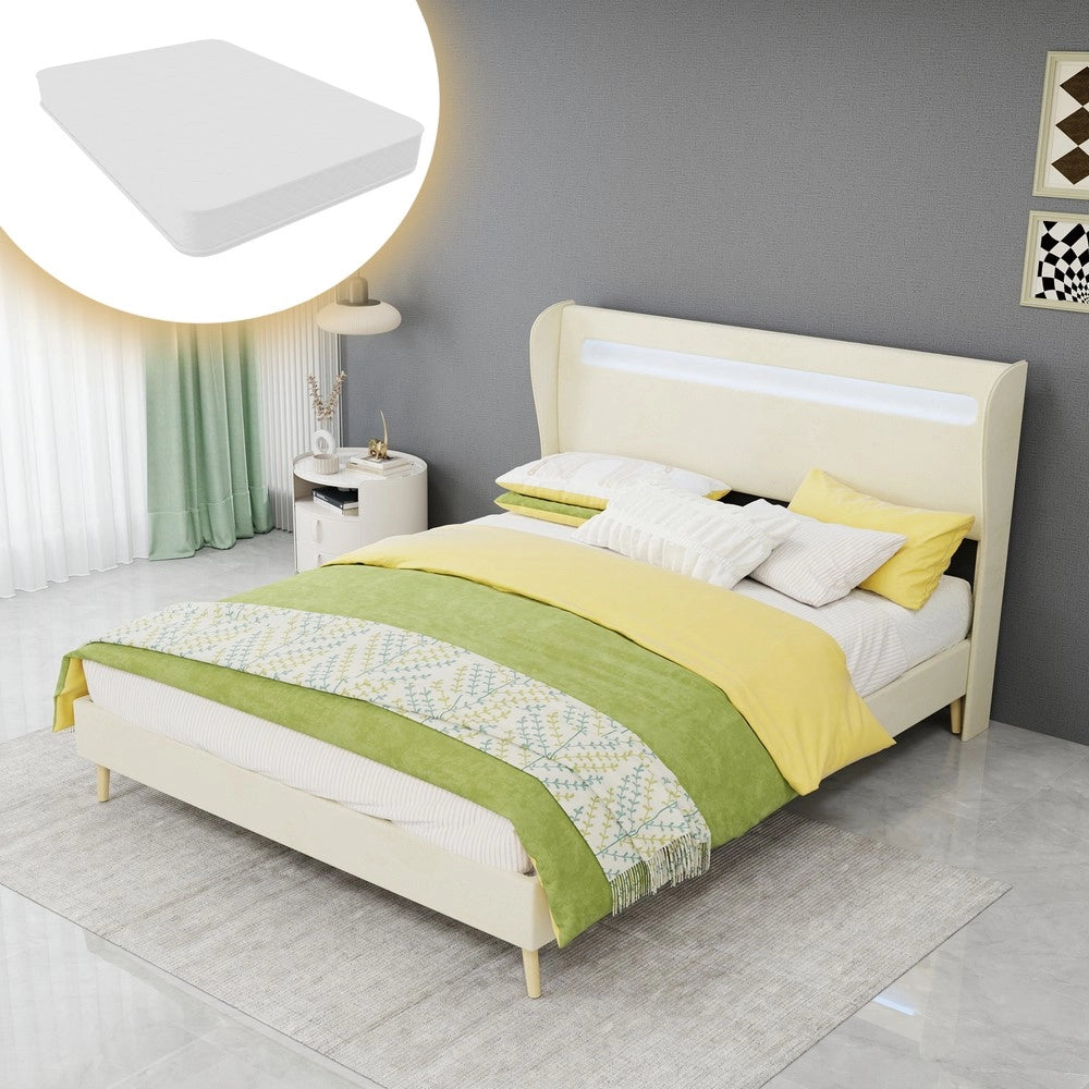 Letto imbottito con testiera LED ¨C Minimal ¨C 140x200 cm beige con materasso