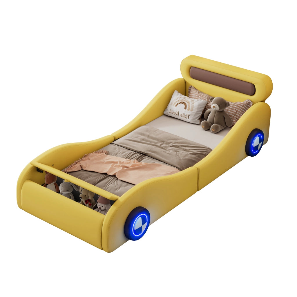 OKWISH Letto Bambino 90×200 cm, Letto Singolo con Ruote Luminose Regolabili e Vano Contenitore, senza Materasso, in PU, Giallo