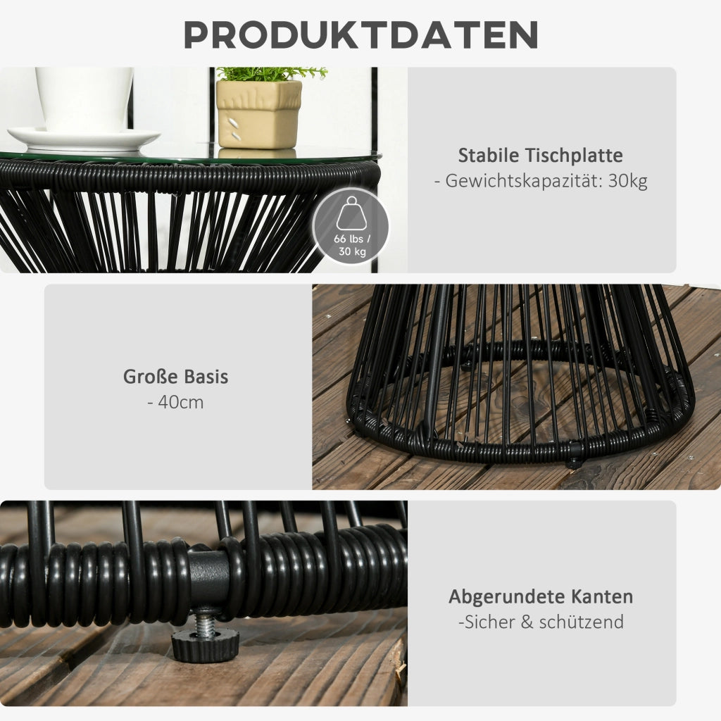 TAVOLINO DA ESTERNO 40x40x42 cm Nero stile Boho in rattan e vetro