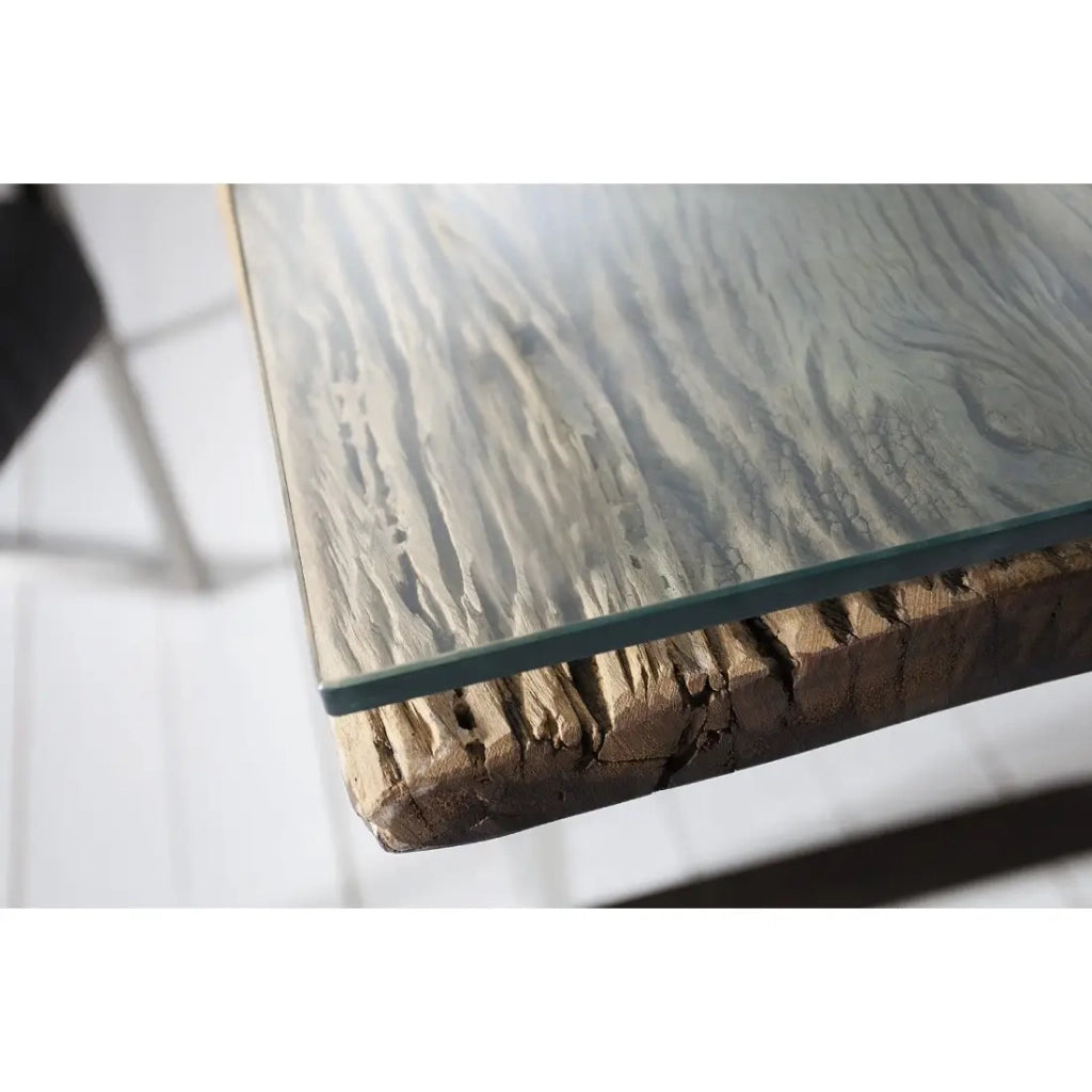 Tavolino basso RAFTA 110 cm in teak riciclato e vetro temperato – Design industriale con gambe a U