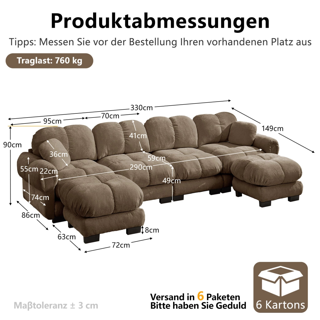 Divano panoramico a U 4 posti in ciniglia con cuscini mobili e design trapuntato, Marrone, 330 × 149 × 90 cm