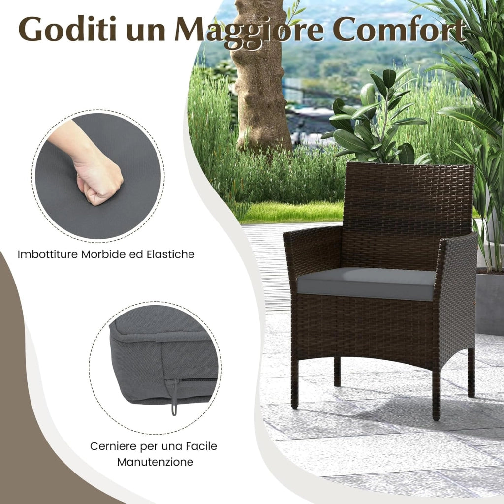Set di Salotto da Giardino in Rattan 4 Pezzi, Set Mobili da Esterno in Vimini con Cuscini Morbidi, Divanetto e Poltrona con Tavolo in Vetro Temperato per Giardino e Veranda (Grigio)