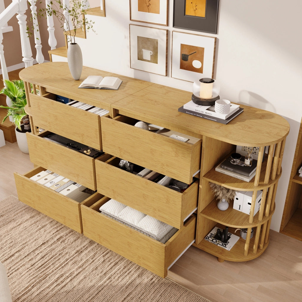 CREDENZA 160x40x75 cm in MDF e bambù effetto quercia, 6 cassetti e ripiani aperti