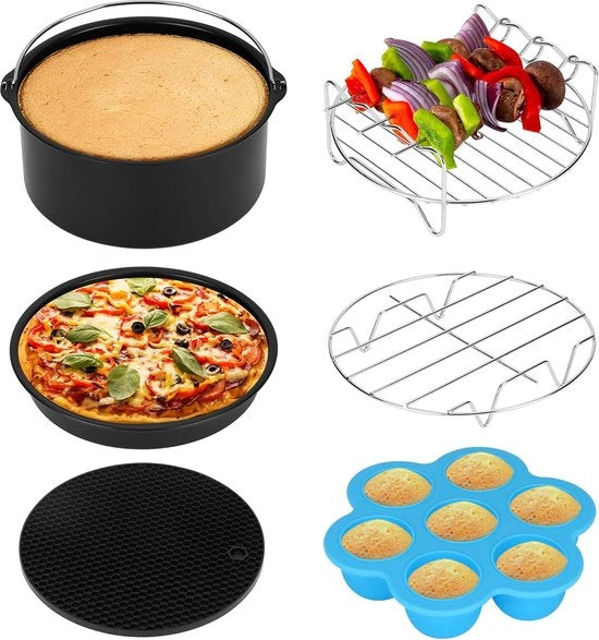Accessori per frittelle aeree, set di 6 accessori per frittelle aeree da 3,5 litri, forma di padella, pialla per pizza, griglia, rete per stufato, cuscino in silicone, forma di muffin