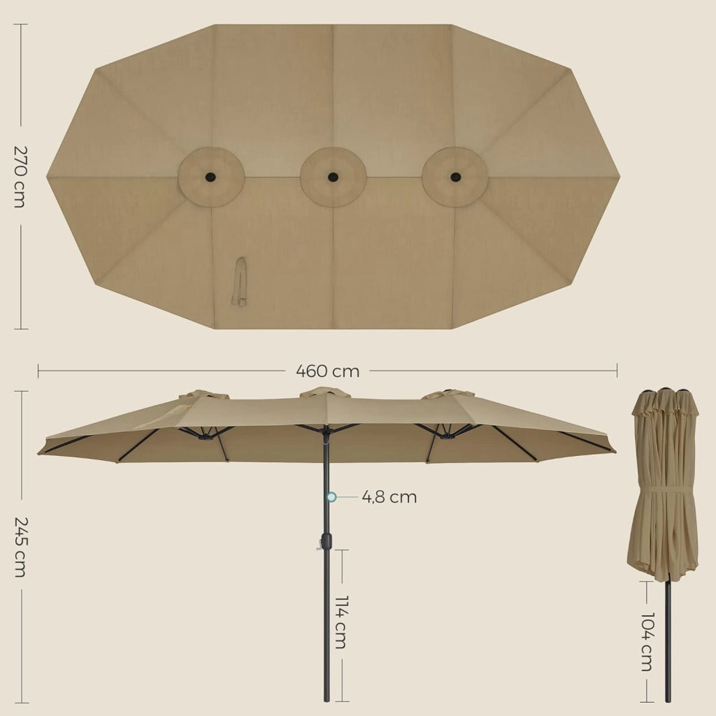 SONGMICS Ombrellone Doppio da Giardino, Parasole di 460 x 270 cm, Extra Grande, UPF50+, con Manovella, per Mercato Esterno Terrazzo, Base non Inclusa, Tortora GPU36BR