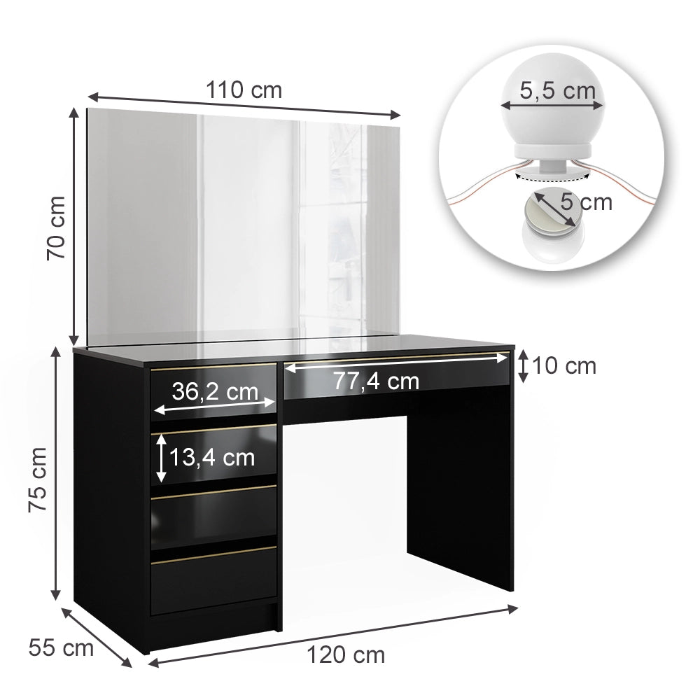 Vicco Set tavolino da toilette Nero/oro 55 cm con illuminazione a LED