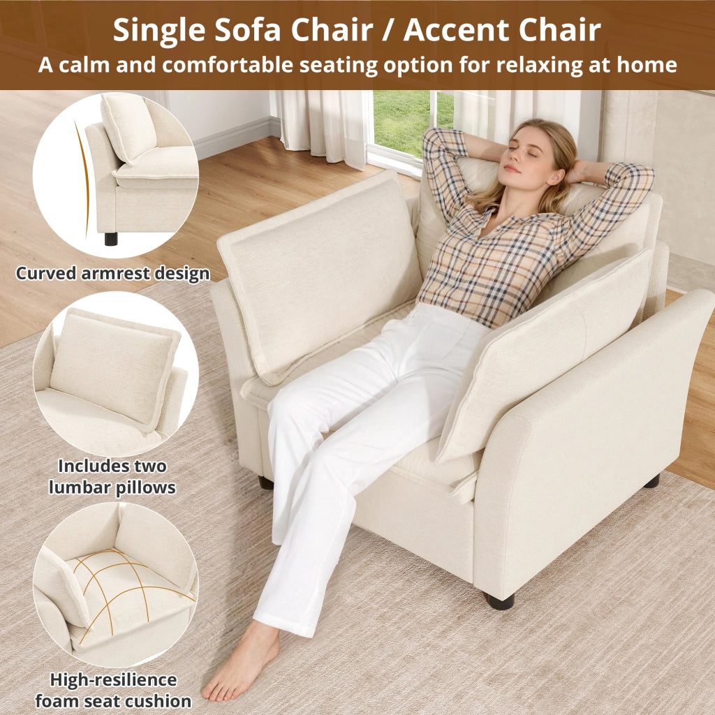 Set divano modulare 3-2-1 in chenille beige, 6-7 posti, con struttura in metallo