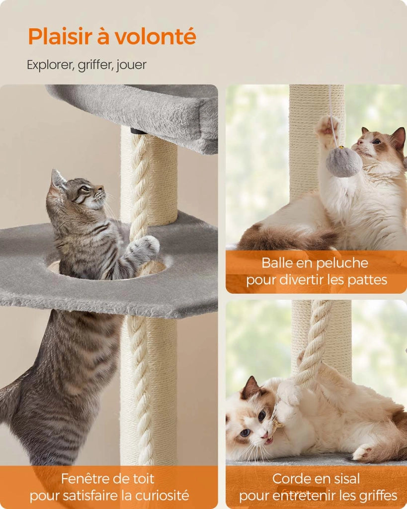 Tiragraffi grande torre gioco per gatti a più livelli 55 x 55 x 186,7 cm pali in sisal da 11 cm di diametro grigio Maine Coon 12_0008008