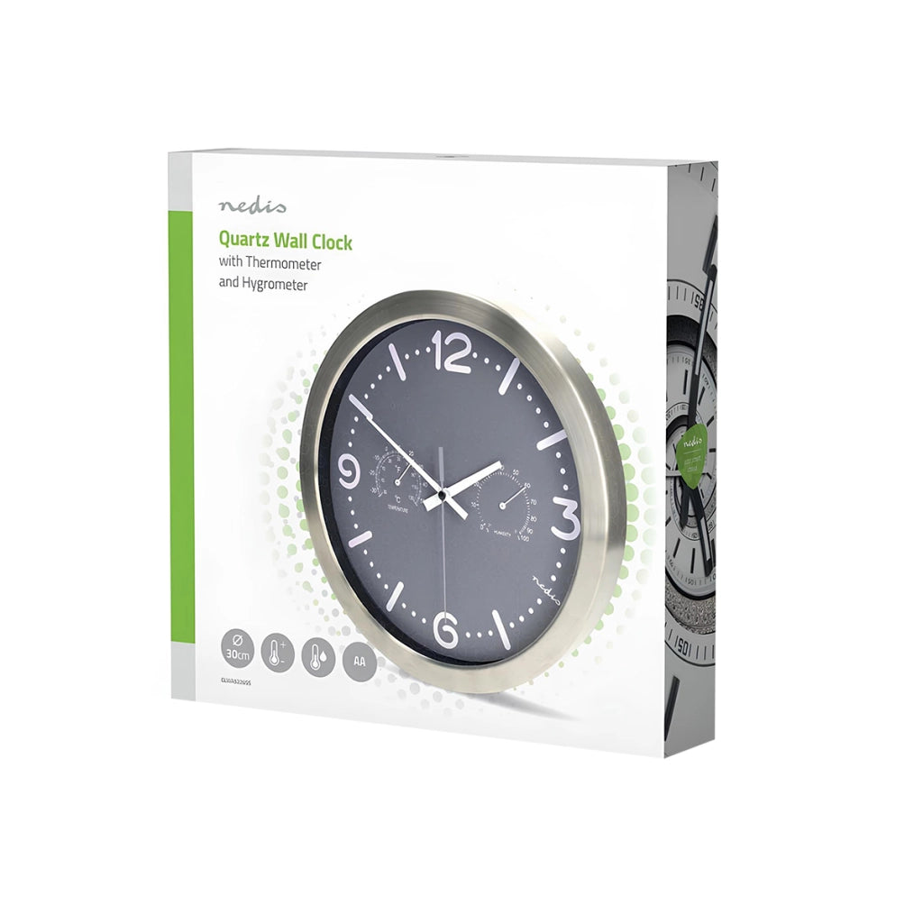 Orologio da Parete Analogico 30cmx30cm Silenzioso con Termometro e Igrometro Grigio Nedis