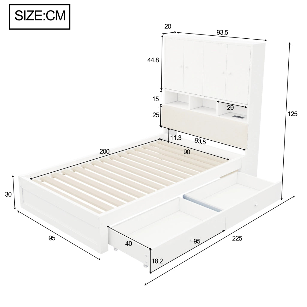 Letto in legno 90 x 200 cm, testiera imbottita, con vano portaoggetti, illuminazione a LED, presa di corrente, 2 cassetti, bianco