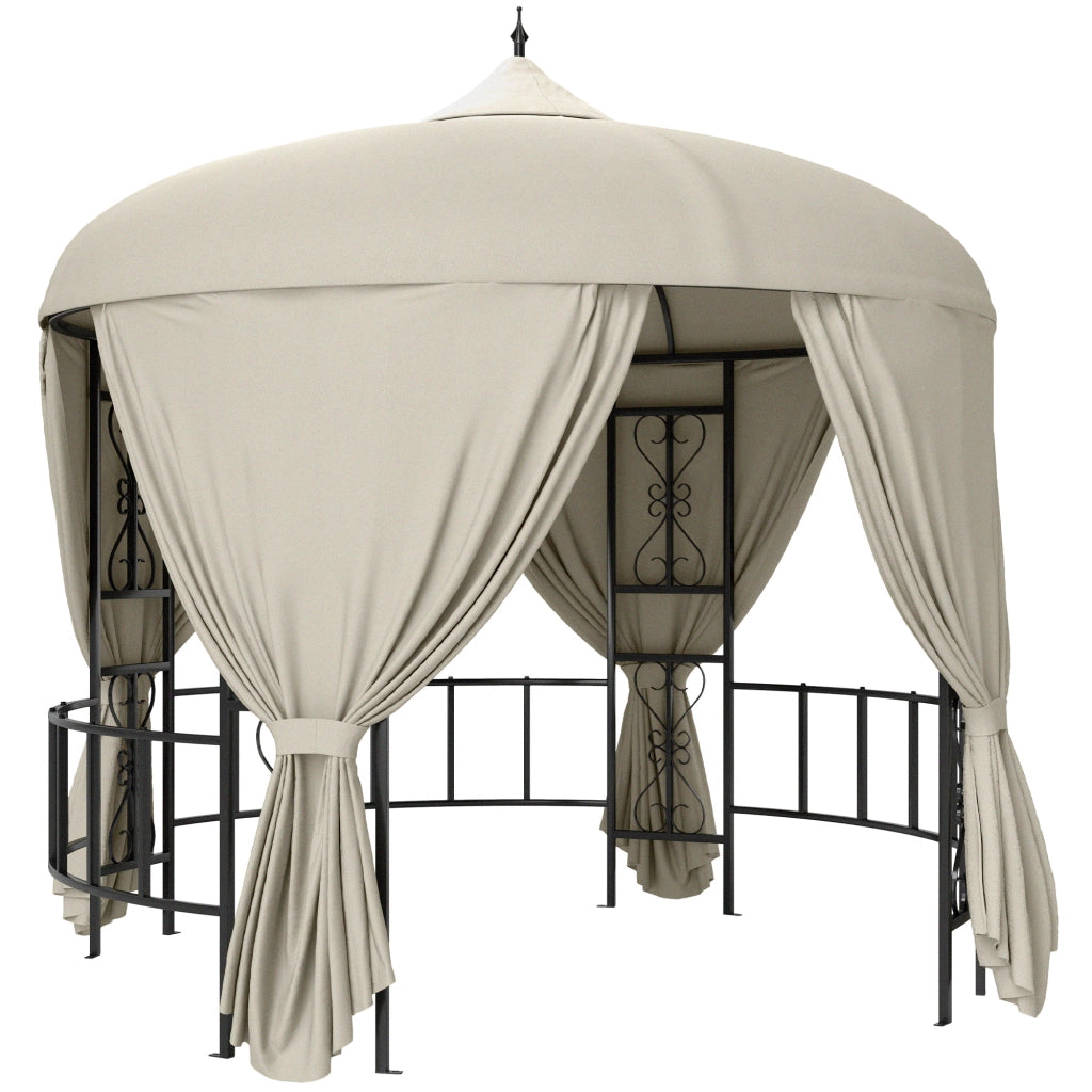 Gazebo da Giardino Rotondo ?3m con Tende e Prese d'Aria in Metallo e Poliestere, Beige