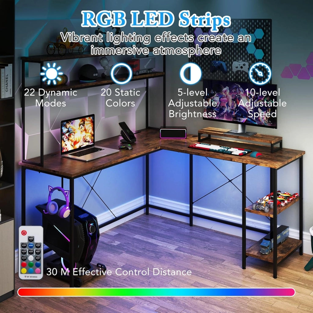 Scrivania per computer a forma di L convertibile con LED, ripiani aperti e supporto per monitor, gancio laterale, stazione di ricarica, 145 x 145 cm, per ufficio, studio (marrone)