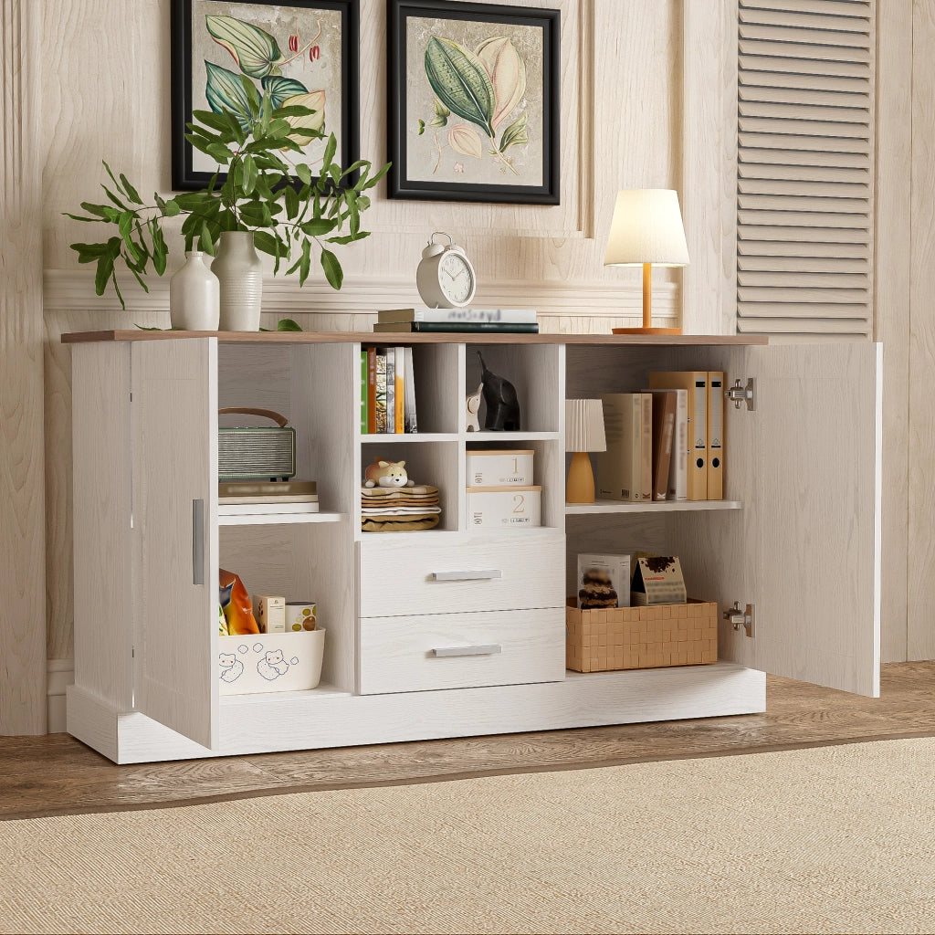 Credenza con 2 Ante; 2 Cassetti e 4 Vani Aperti; Cerniere Soft-Close; Stile Moderno; in Pannello di Particelle; Bianco e Marrone; 140??40??79;5 cm