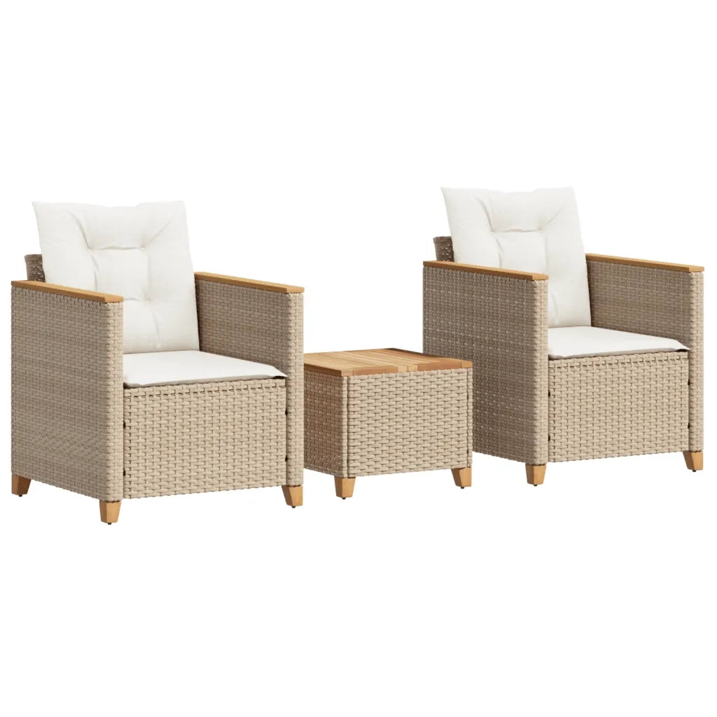 Set da BistrÃ² 3 pz con Cuscini Beige Polyrattan e Legno Acacia