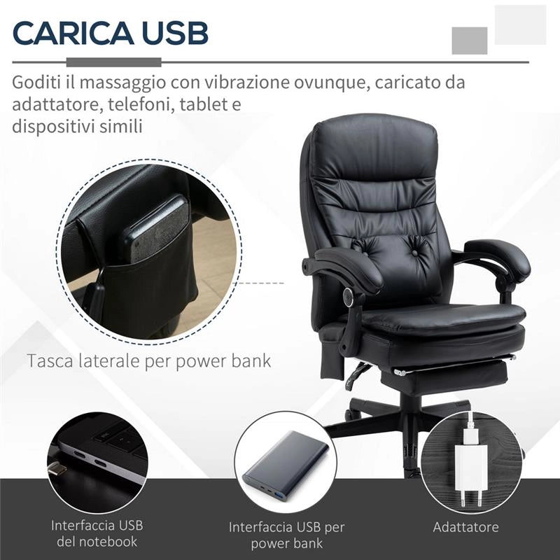 SEDIA DA UFFICIO MASSAGGIANTE IN SIMILPELLE CON PRESA USB 64 X69X107-115CM NERO