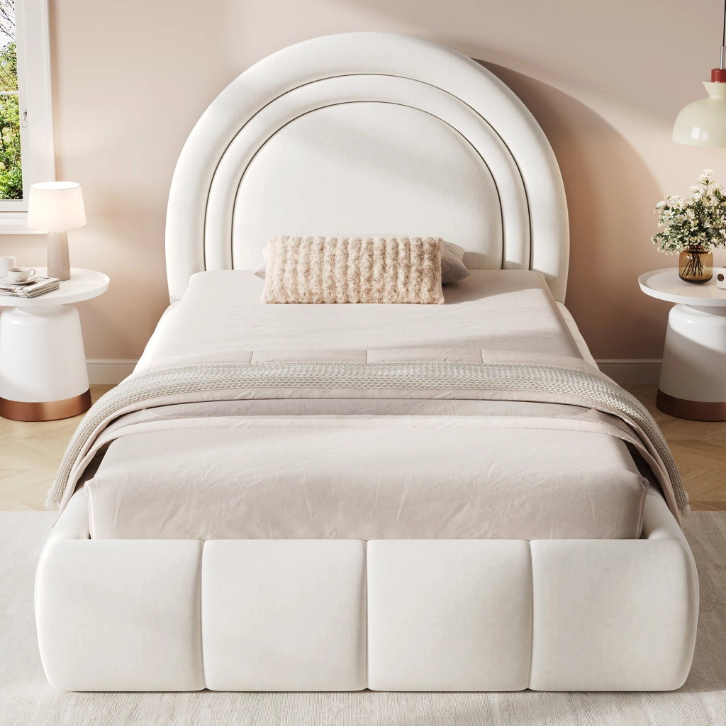Letto per bambini 90 × 200 cm con contenitore idraulico, testiera imbottita, senza materasso, velluto beige