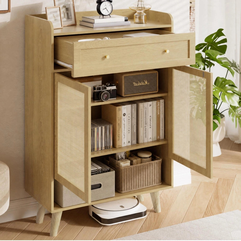 Scarpiera, mobile da ingresso, ante in vimini, 4 ripiani, con cassetti, 80 x 105 x 35 cm, color legno naturale