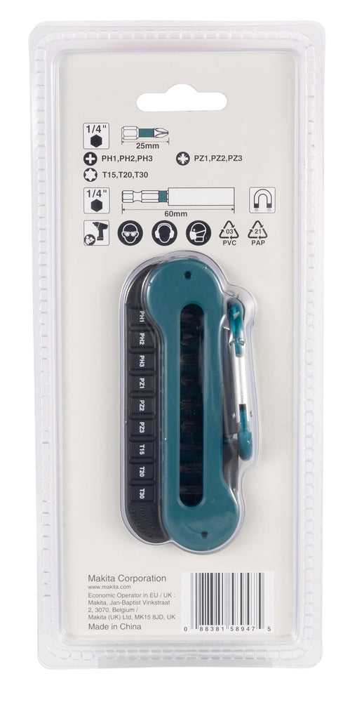 Set Inserti Makita E-12005 Impact Black 10 Pezzi 25 mm Attacco 1/4" Hex con Portainserti Magnetico