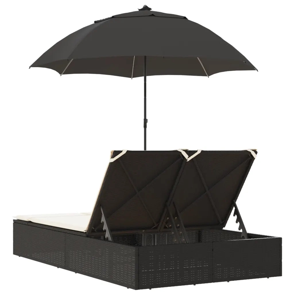 Lettino Prendisole Doppio Cuscini e Parasole Nero in Polyrattan 368081