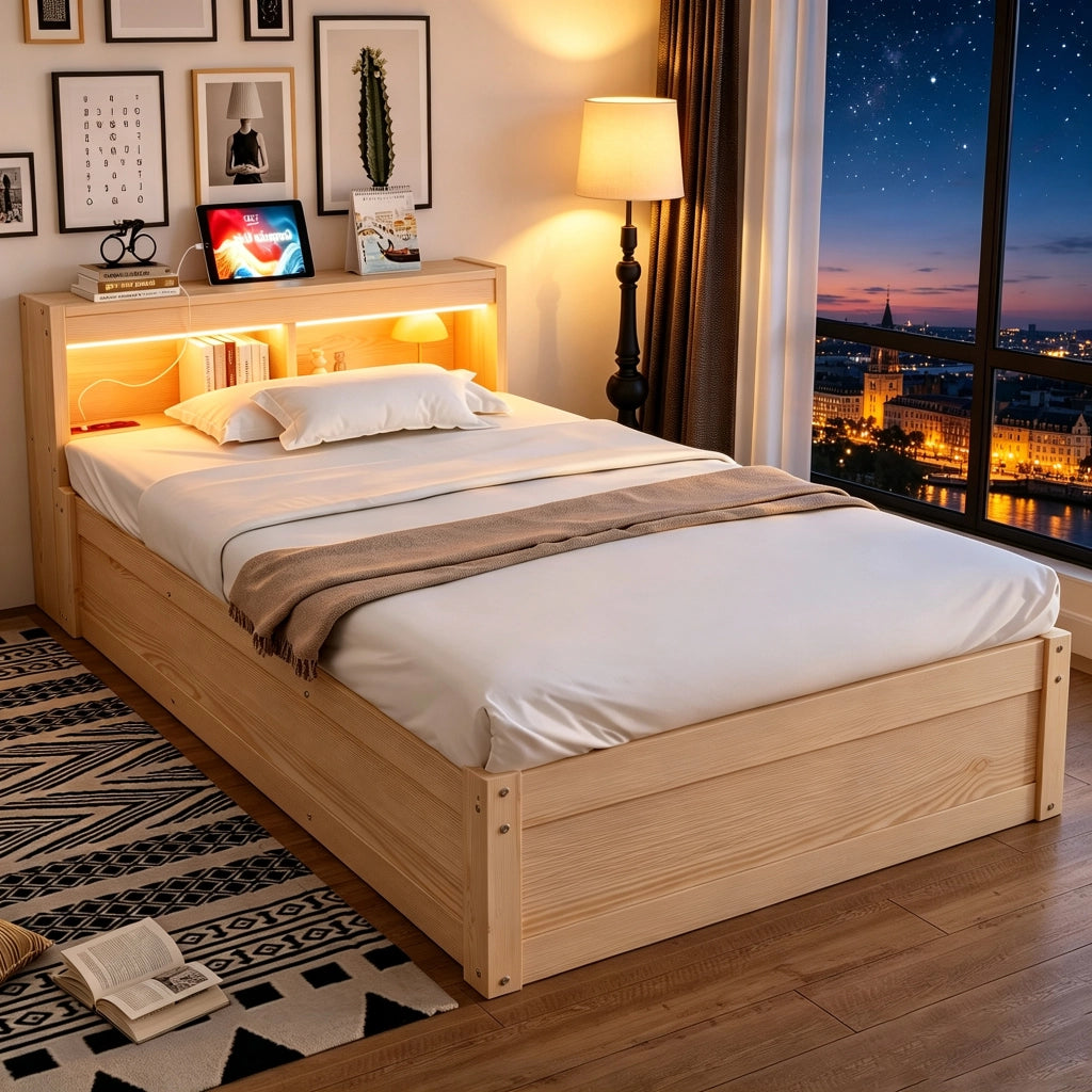 Letto singolo 90×200 cm con contenitore; presa multifunzione; LED e rete sollevabile; senza materasso; MDF; legno