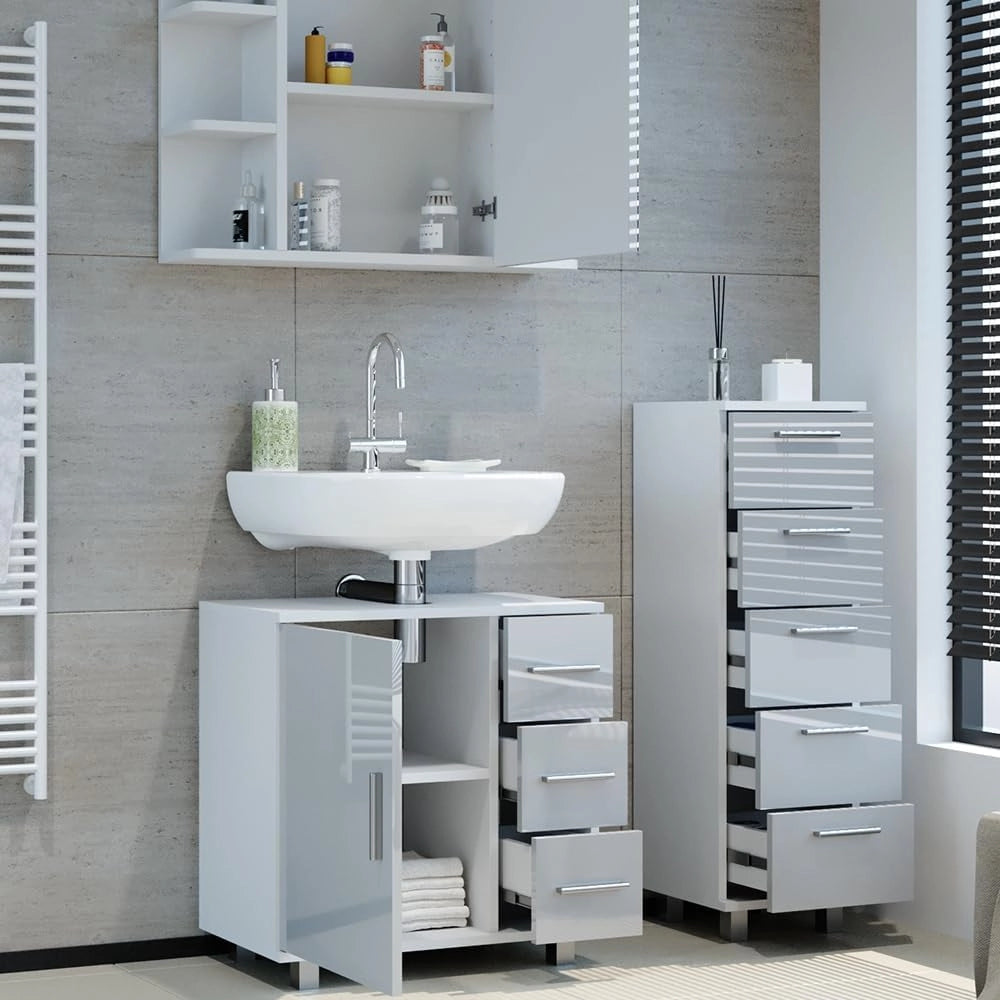 Set mobili bagno Ilias, Bianco lucido, 60 cm, composto da mobile sottolavabo, specchiera e mobile medio