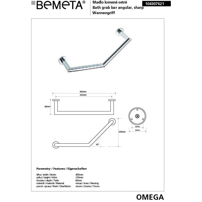 Maniglione angolato OMEGA ottone cromato 40x25x8cm